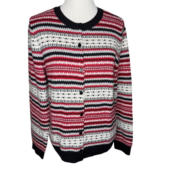 Talbots Fair Isle Cardigan Sweater Wool Blend Large Red White Black Gray Stripe - Picture 2 of 10
